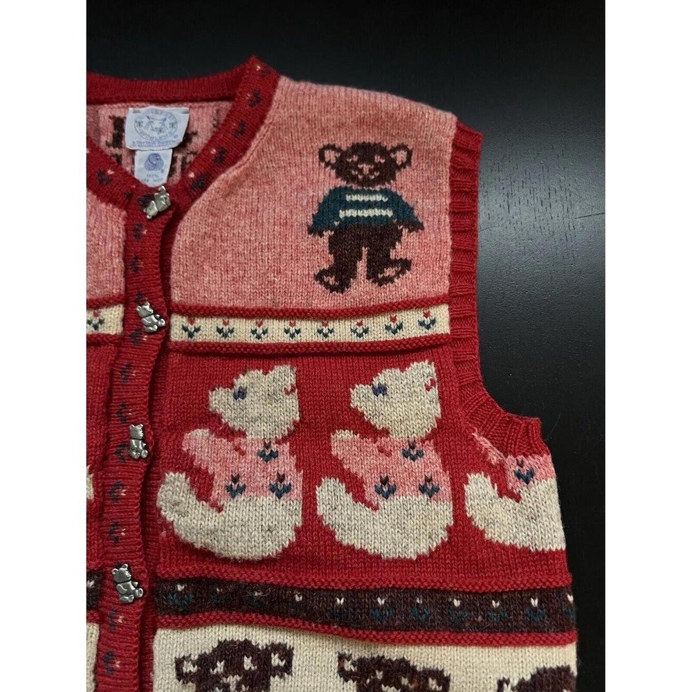 Blueberry Woolens Cardigan Vest Red Teddy Bear Knit Wool Vintage Medium - Picture 5 of 6